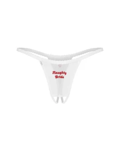 Białe stringi otwarte z haftem „Naughty Bride”