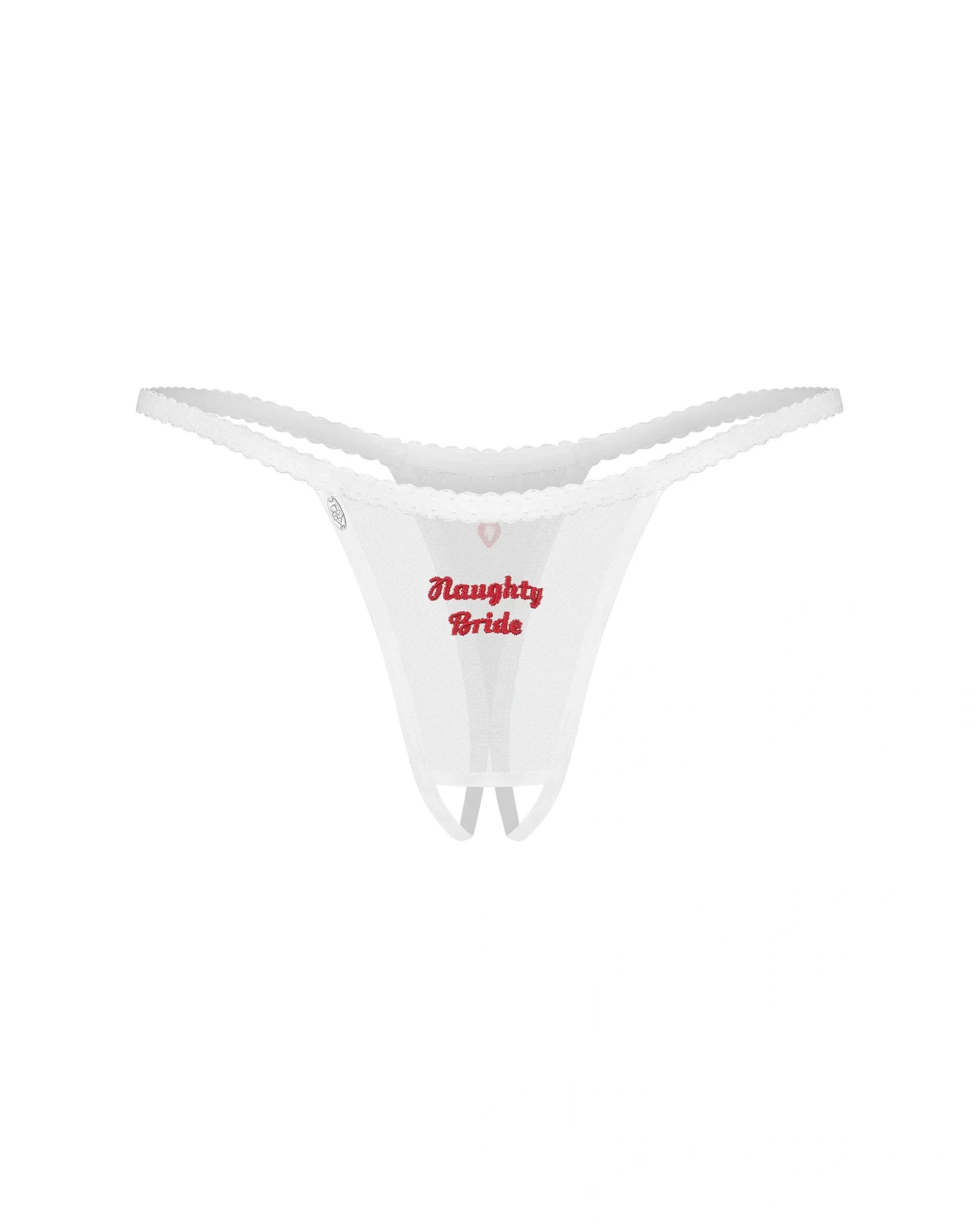 Białe stringi otwarte z haftem „Naughty Bride”