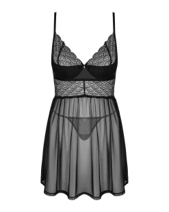Czarna, prześwitująca babydoll i stringi