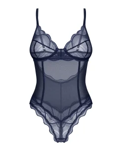 Niebieskie, otwarte body z koronki